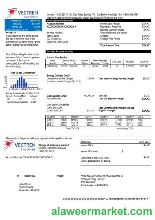USA Ohio Vectren Energy utility bill template in Word and PDF format
